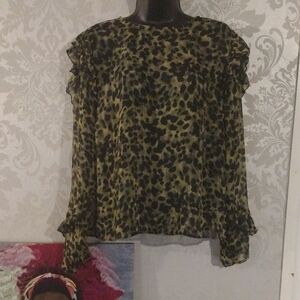 H&M Green and Black Ruffled Long Sleeve Sheer Blouse